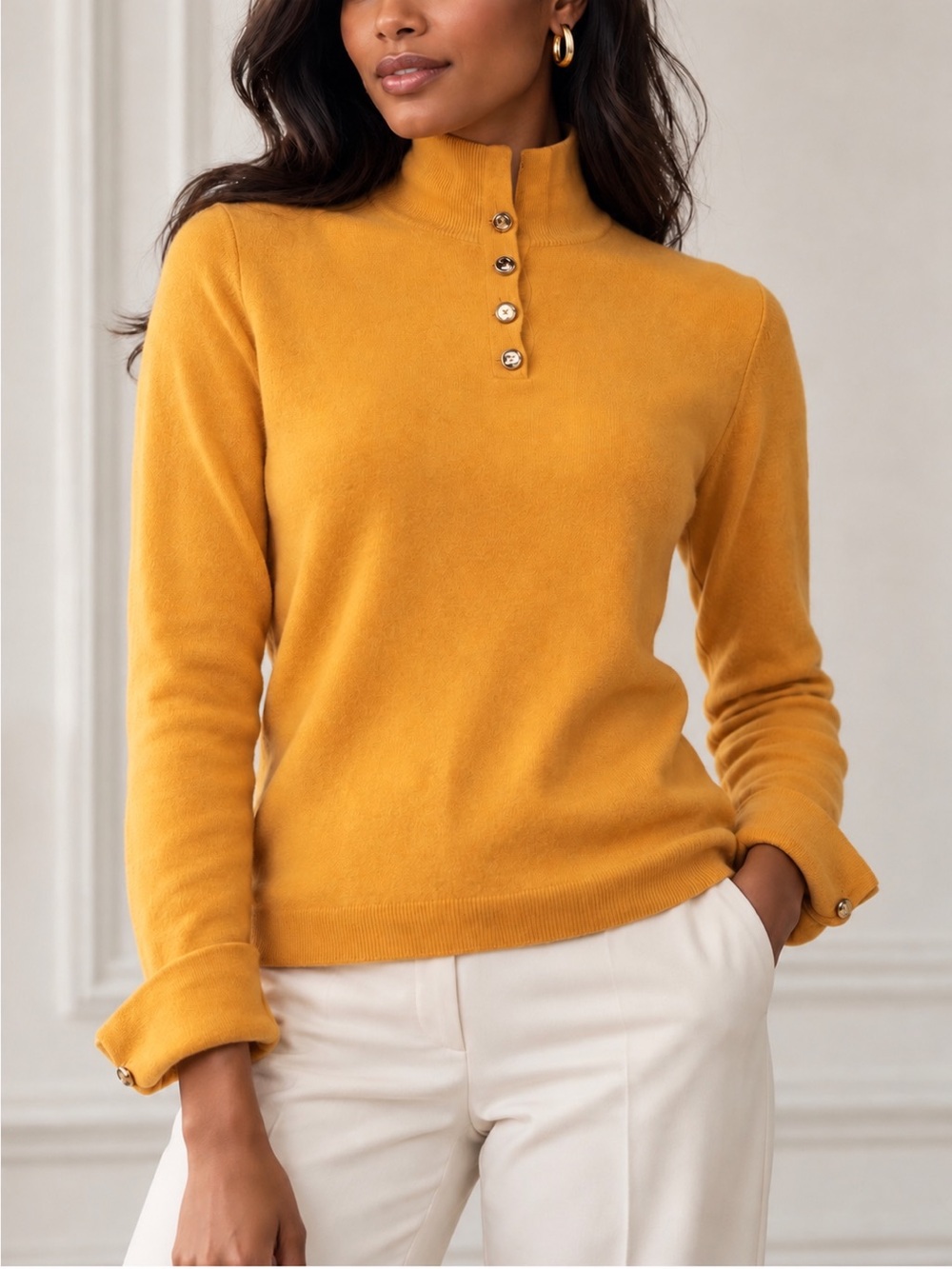 Chanel Vintage 1996 Cashmere Mock Neck Sweater Yellow Gold CC Buttons S